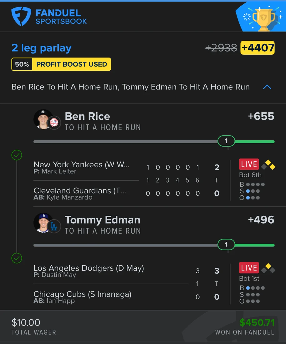 FanDuel 2-leg home run parlay at +4407, $10 stake paid $450.71