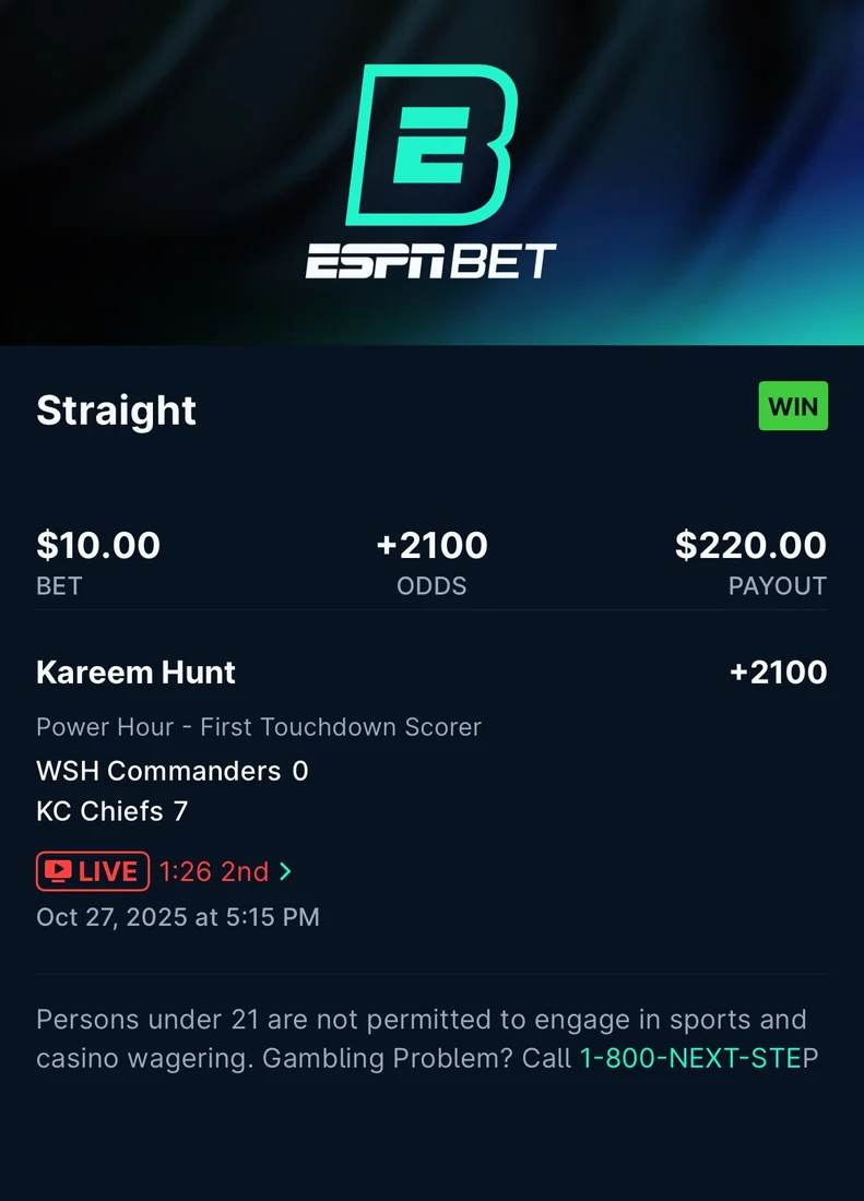 ESPN BET straight bet, Kareem Hunt first touchdown scorer at +2100, $10 stake paid $220