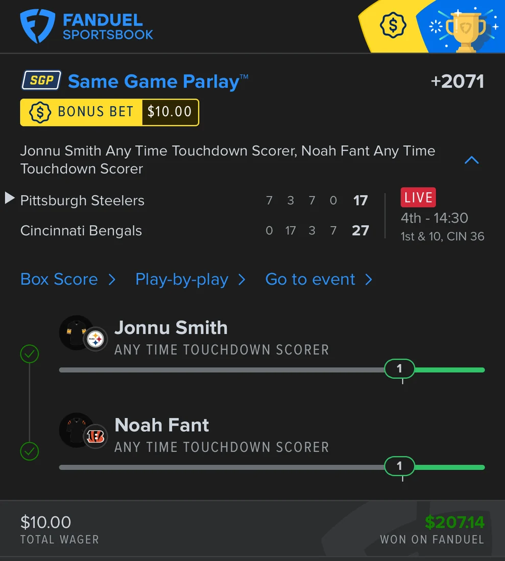FanDuel same game parlay at +2071, $10 bonus bet paid $207.14