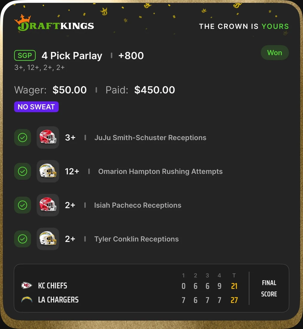 DraftKings 4-pick same game parlay at +800, $50 stake paid $450