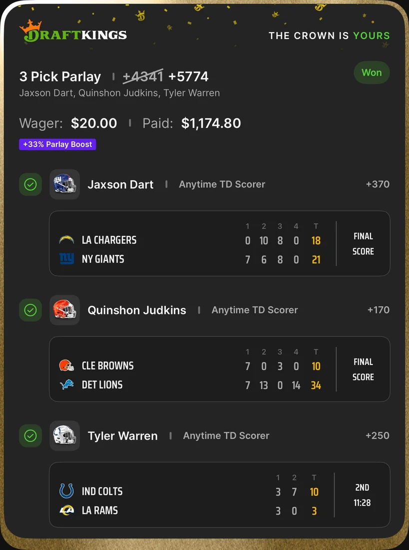 DraftKings 3-pick anytime touchdown parlay at +5774, $20 stake paid $1,174.80