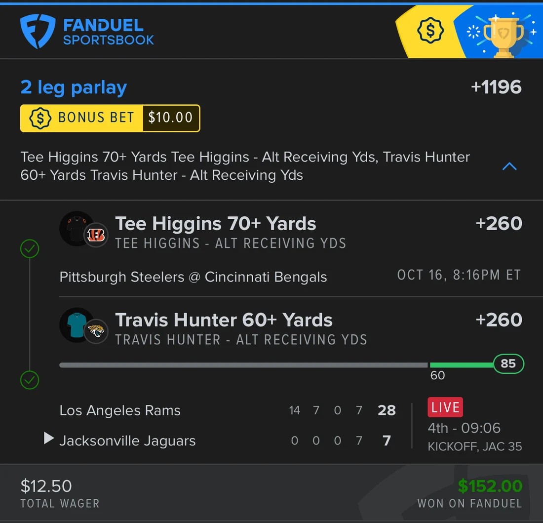 FanDuel 2-leg alt receiving yards parlay at +1196, bonus bet paid $152