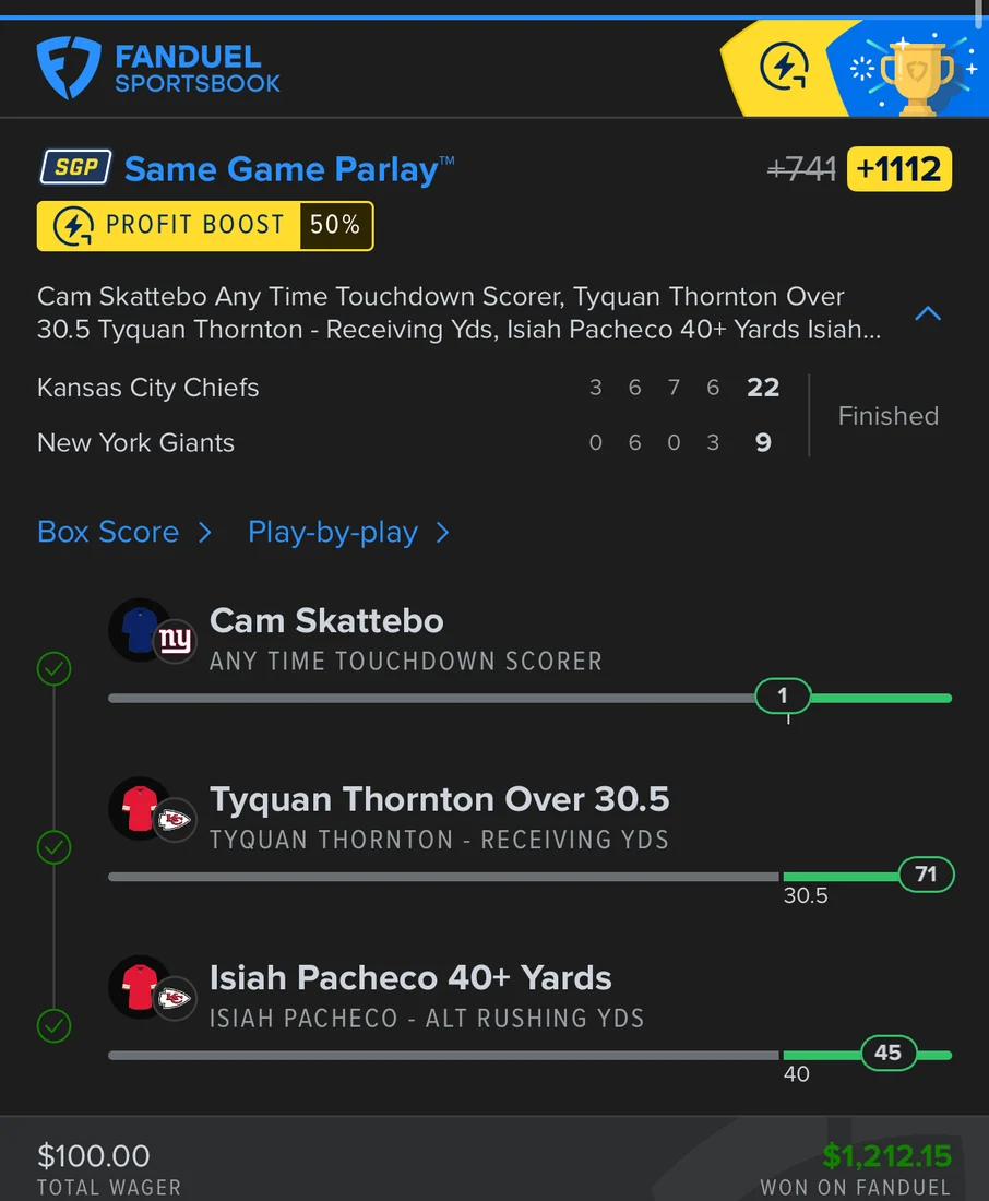 FanDuel same game parlay at +1112, $100 stake paid $1,212.15